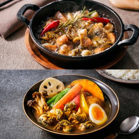 [ひがし北海道・釧路つぶ貝本舗]つぶ貝のアヒージョ缶&つぶ貝のスープカレーセット(各3個)
