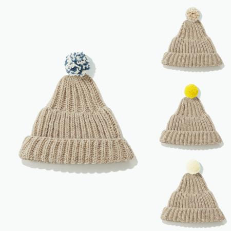 [KESENNUMA KNITTING]ポンポン帽子 オートミール/ポンポンカラー全4色