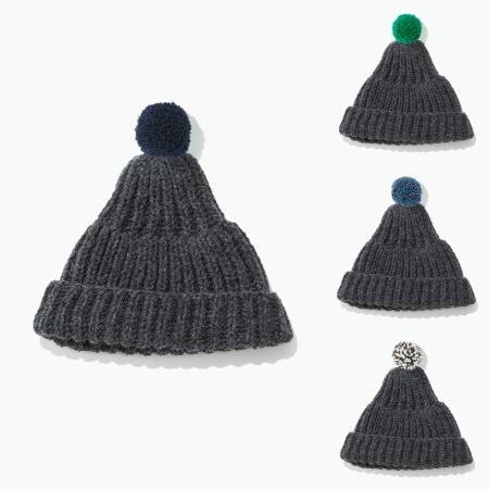 [KESENNUMA KNITTING]ポンポン帽子 チャコールグレー/ポンポンカラー全4色