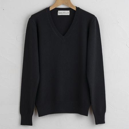[SHIRATA KNITWORKS/白田のカシミヤ]Vネックプルオーバー ベビーカシミヤ100%[度詰]ブラック(紳士M・L)