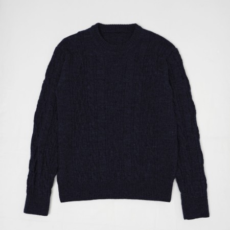 [satosenistandard]佐藤繊維ウール100%ミドルゲージ ケーブルセーター/ダークブルー