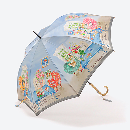 [ルミエール オーロラ]婦人雨傘 街並プリント×サックス(長傘)