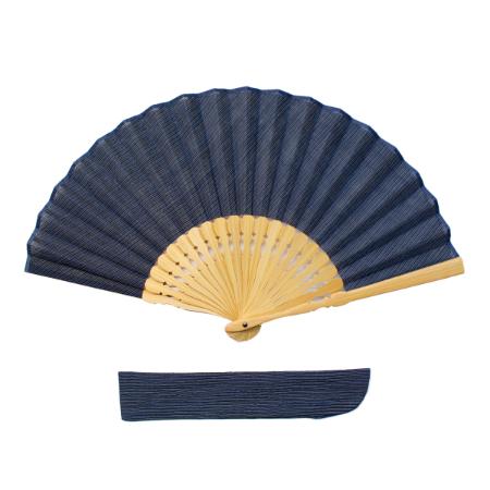 [IONO]小千谷縮 扇子 縞 紺