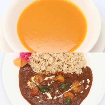 [洋食レストランChez NoA]七彩(なないろ)の野菜とコシヒカリのミックススープ&ふるさと野菜と海老のヘルシーカレーセット
