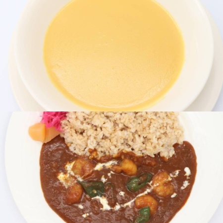 [洋食レストランChez NoA]スィートコーンとコシヒカリのスープ&ふるさと野菜と海老のヘルシーカレーセット