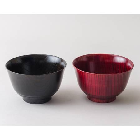 [漆芸 文平堂]夫婦汁椀 欅 平筋 赤/黒すり