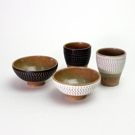 [陶翠窯]瀬戸焼 飛び鉋 茶碗&湯呑 ペアセット
