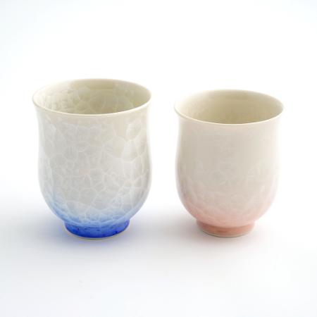 [陶あん]花結晶 組湯呑(白地青赤)