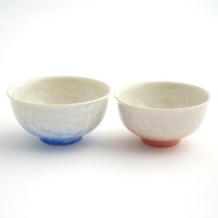 [陶あん]花結晶 組茶碗(白地青赤)