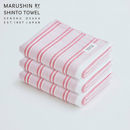 [MARUSHIN by SHINTO TOWEL]シマ ダブル白地 フェイスタオル3枚セット(レッド)