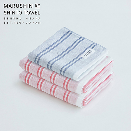 [MARUSHIN by SHINTO TOWEL]シマダブル白地フェイスタオル(レッド)2枚・ハンドタオル(シャドウ)1枚