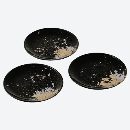 [塗り工房ふじい]フラットプレート小皿 3枚セット・古代塗り金箔漆黒