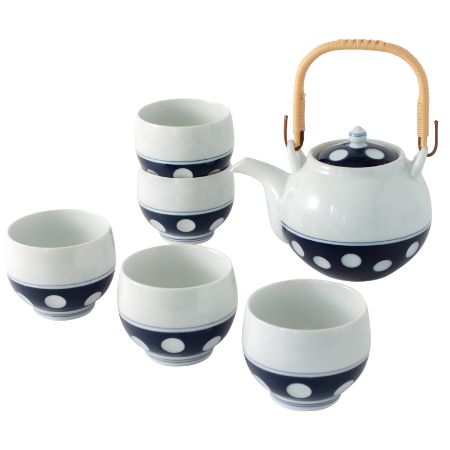 [吉田焼 副千窯]水玉 茶器セット 土瓶1個・煎茶碗5個(青)