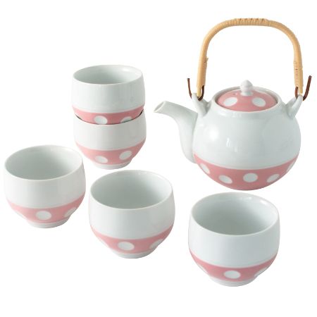 [肥前吉田焼 副千窯]水玉 茶器セット 土瓶1個・煎茶碗5個(ピンク)