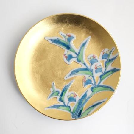 [琥山窯]金箔押つゆ草絵6寸飾皿