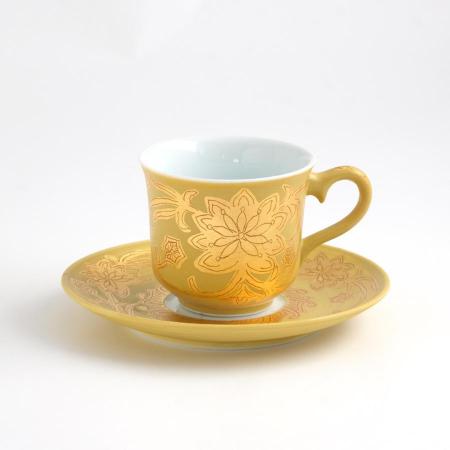 [琥山窯]金彩唐草(黄色)コーヒー碗皿
