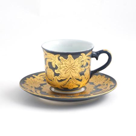 [琥山窯]金彩唐草(青色)コーヒー碗皿