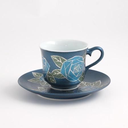 [琥山窯]金彩ばら絵(青色)コーヒー碗皿