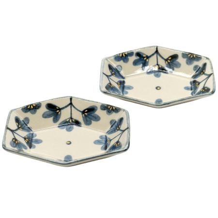 [有田焼 喜鶴製陶] 草花紋 六角小鉢 2点セット