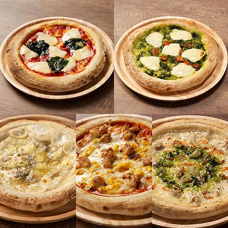 南の大地 THE PIZZA 5枚 Aセット(マルゲリータ、バジル、クワトロフォルマッジ、豊後どりの炭火焼、しらす・ツナ&桜エビ)